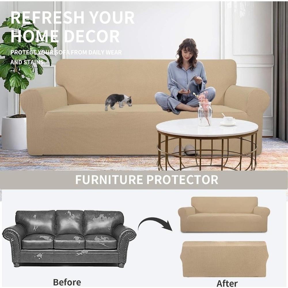 Easy-Going Stretch Slipcover Oversized Sofa Beige Polyester Machine Washable - Picture 5 of 7